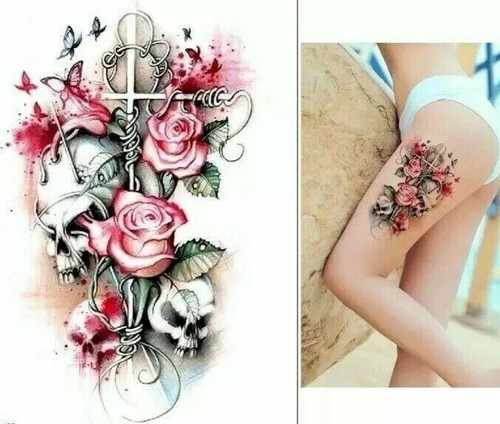 Pink roses skulls temporary - skulls,