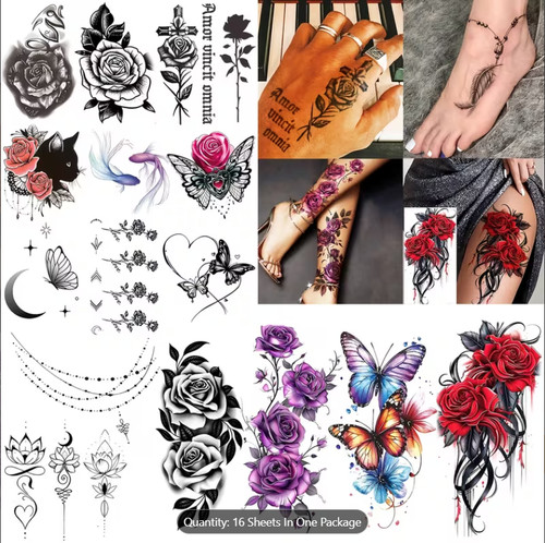 16x floral temporary tattoos - 16x,